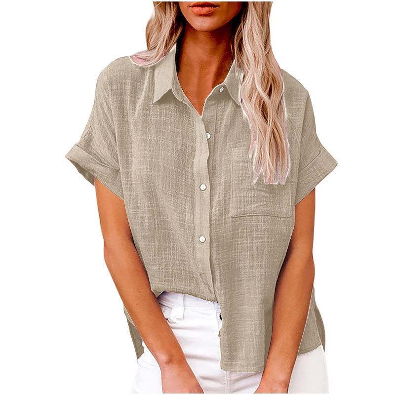 Fashion Short Sleeved Casual Women Summer Shirt Plus Size Elegant Lapel Casual Office Blouse Woman Loose Solid Color Women's Clothing