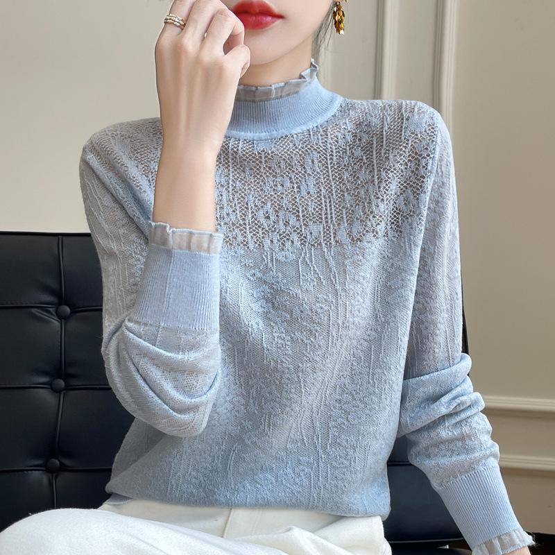 2025 Women's Lace Patchwork High Collar Imitation Wool Sweater with Ruffle Trim