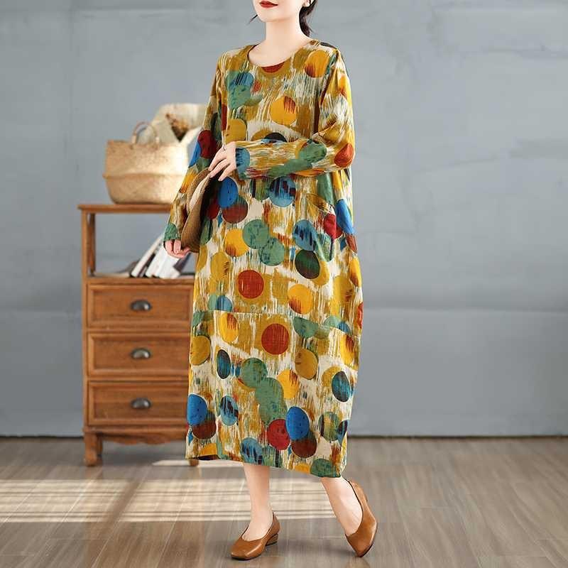 New Vintage Printed Round Neck Long Sleeve Plus Size Long Dresses