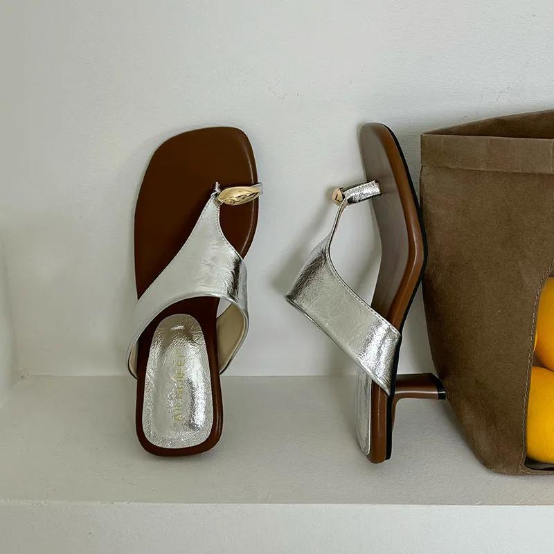 Fashion Metal Women Heels Slippers Sandals Shoes Female Flip flops Footwear Square Toe Ladies Heeled Slippers Slides Shoes