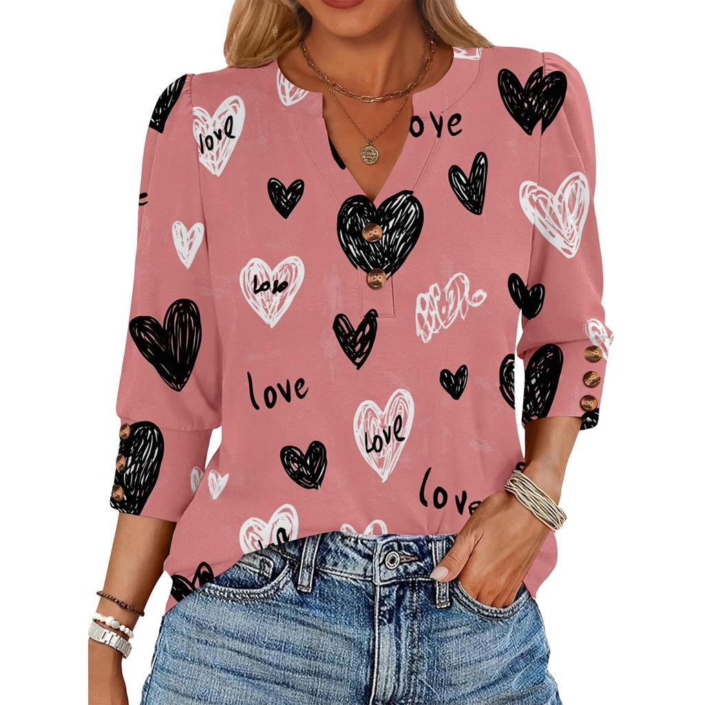Women's Loose 7-inch Sleeve Top with Heart Print