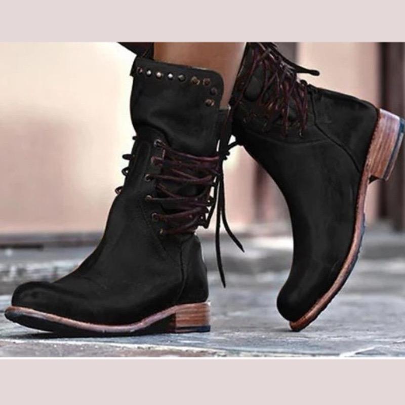 New Mid-Tube Boots Fashion Round Toe Sleeve Lace-Up Rivet Non-Slip Block Heel Single Shoes