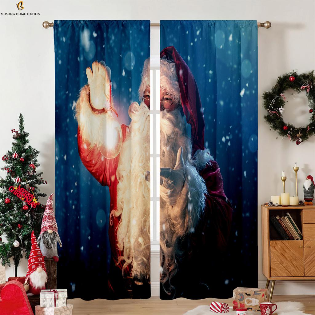 Vintage Red Plaid Christmas Pattern Printed Curtains Fireplace Christmas Tree Decoration Curtains Restaurant Party Decoration