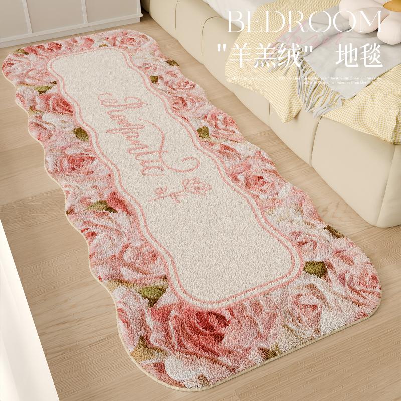Ins Style Bedroom Decor Floral Bedside Rug Pink Plush Carpets for Living Room Cream Style Casual Rug Fluffy Soft Irregular Mat