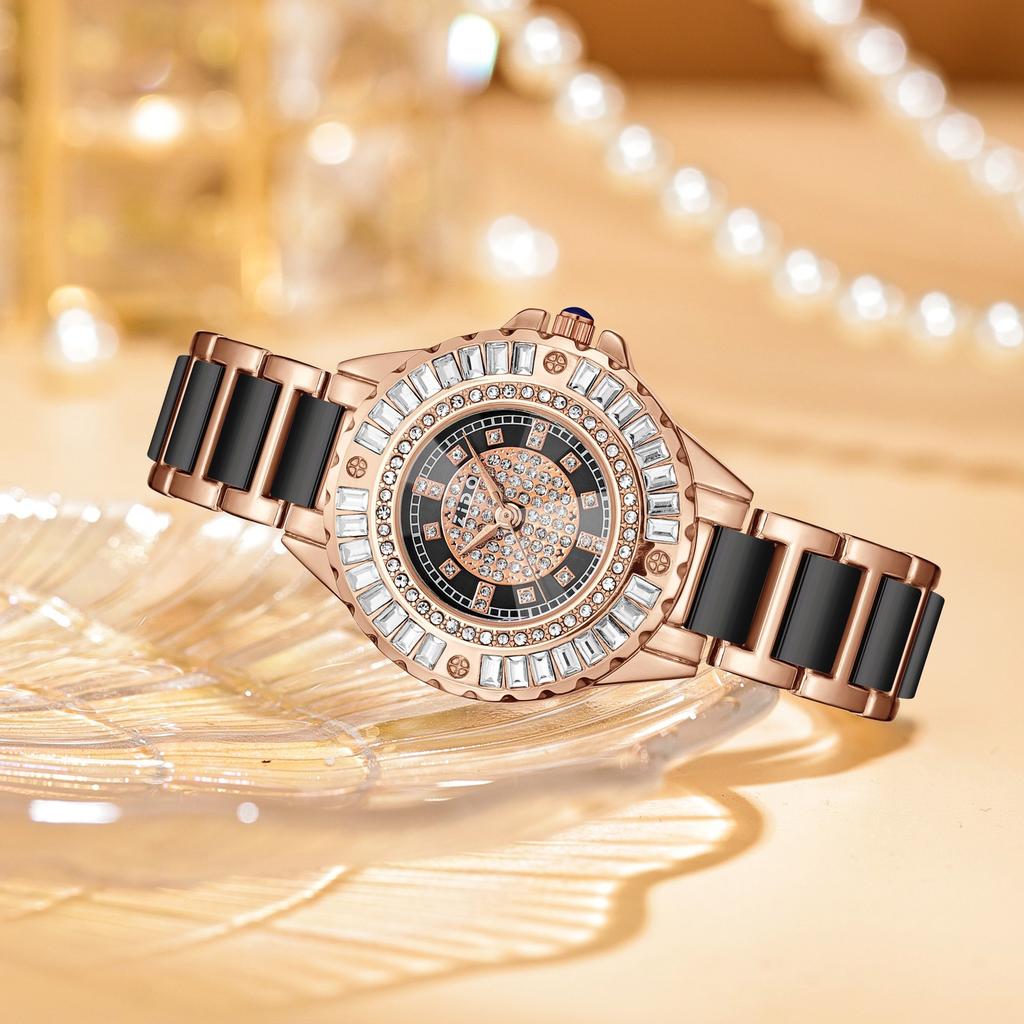 Imitation Ceramic Quartz Watch for Women Minimalist Rhinestone Dial Wristwatch