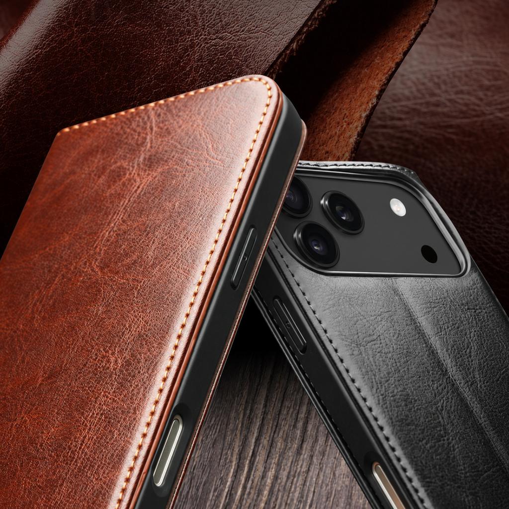 For IPhone 18 Pro / 18 Pro Max Retro Genuine Leather Flip Case with Stand & Built-in Card Holder Handmade Cowhide Business Cover