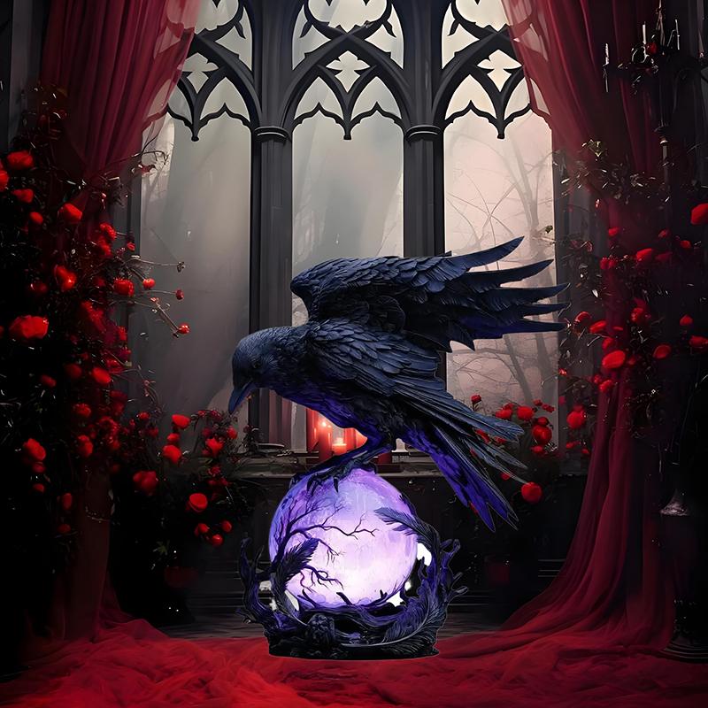 "Raven's Moonlight" Gotische Led Lamp – Mysterieuze Kraai Op Gloeiende Bol Sculptuur, 3D Holle Lantaarn Met Violet Licht