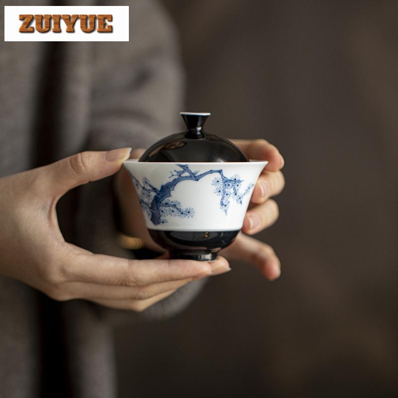 120ml Hand-painted Pine Blue And White Gaiwan Antique Tea Tureen Tea Bowl With Lid Kit Tea Maker Cover Bowl Tea Items Collection