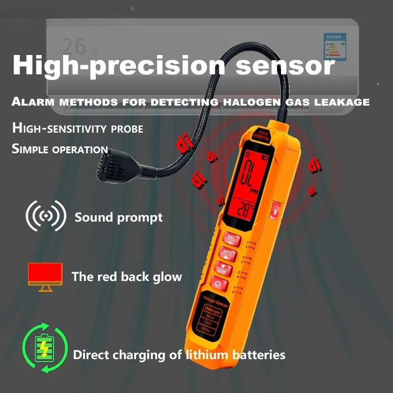 Detector Portátil de Fugas de Freón de Alta Sensibilidad Detector de Fugas de Halógeno R22 R410A R134A R1234YF Gas Refrigerante HVAC Probador de Aire Acondicionado Pantalla LCD