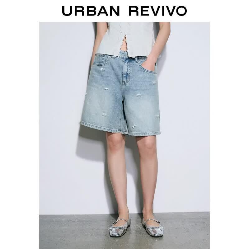 UR Women s Bowknot Embroidered Wide-Leg Denim Shorts 28 синий