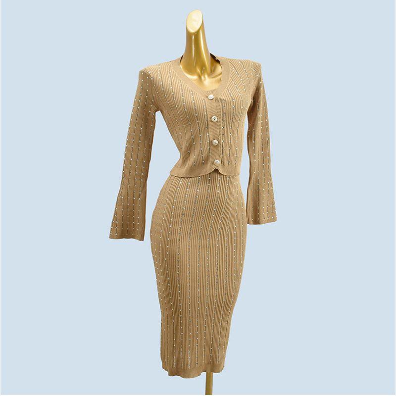 Fashion Two-Piece Set Spring & Fall Heavy Industry Fashion Oblique Shoulder Hot Drilling Knitting Silm Hip Bag Dress with Coat Set