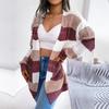 Pull cardigan tricoté à rayures contrastées et manches lanternes pour femme, automne et hiver