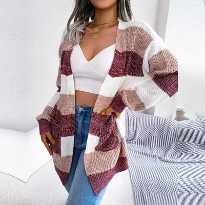 Frauen Herbst Winter Kontrast Streifen Laterne Hülse Strickjacke Pullover