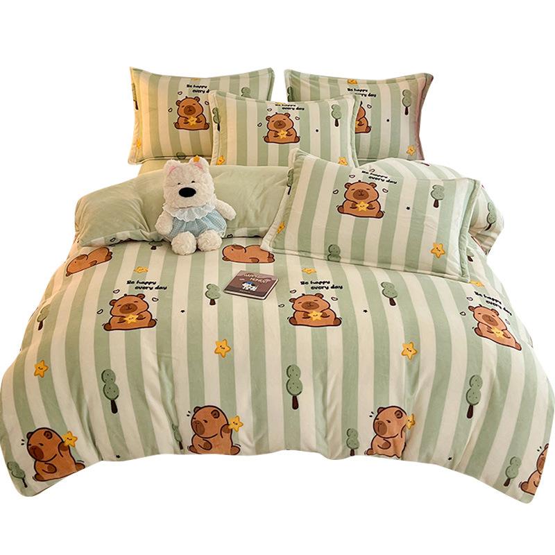 Cartoon Thickened Milk Fleece Coral Fleece Bed Four-Piece Set Fleece Flannel Quilt Cover Children'S Bed Single Three-Piece Set