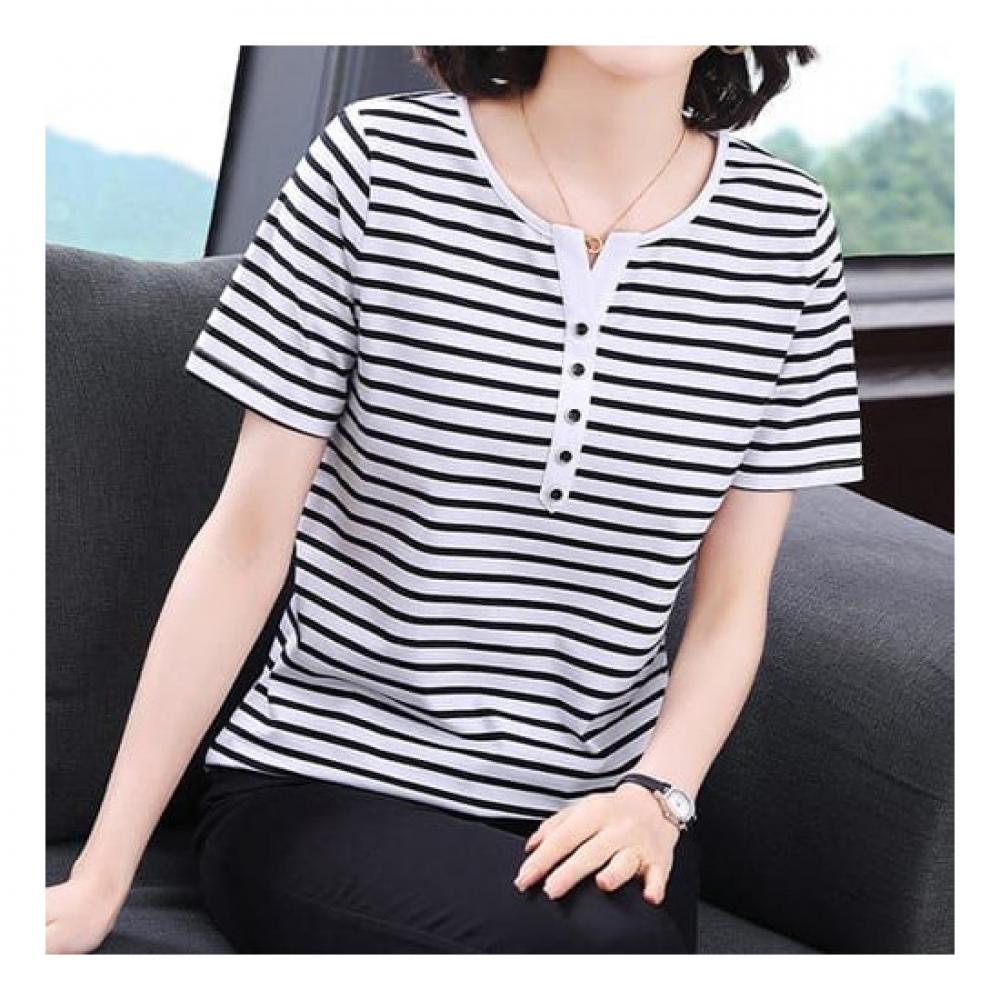 Navava NT1823 Casual STripe BuTTon Trim Neck ShorT Sleeve T shirT