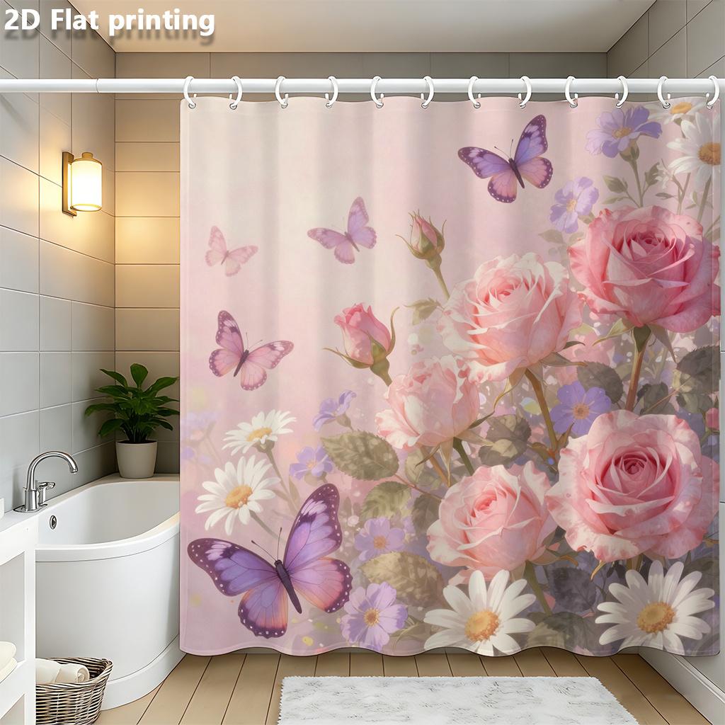 Pink Rose & Butterfly Shower Curtain – Watercolor Floral, 71×71", Polyester,12 Hooks, Elegant Spa-Style Decor, Wedding Gift Idea