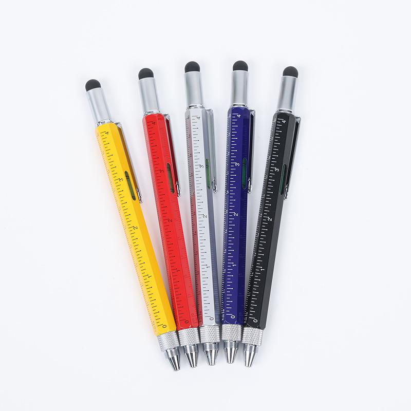Six-in-One Tool Pen: Capacitive Stylus, Dual-Head Screwdriver, Scale, Level, Metal Ballpoint Pen.