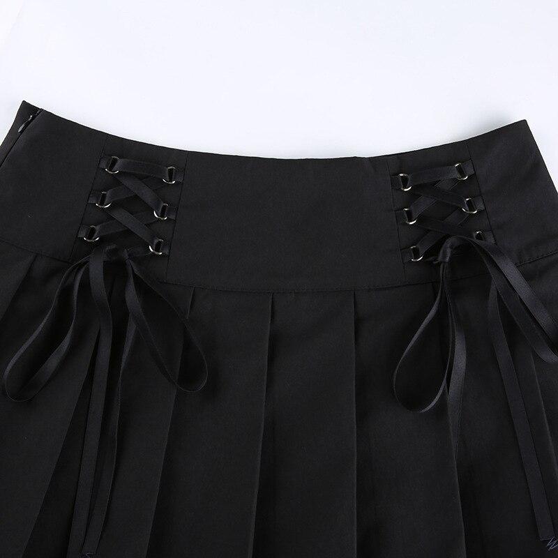 2023 Women High Waist A-Line Mini Skirt Lace Decoration Pleated Printed Punk Style Black Dress Club Party Wear Hot
