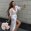 Elegant Watercolor Floral Long Dress Women V Neck Ruffle Puff Sleeve Slit Dress Self Belt Waist Flowy Chiffon Dress Wedding Guest Party Daily Outing