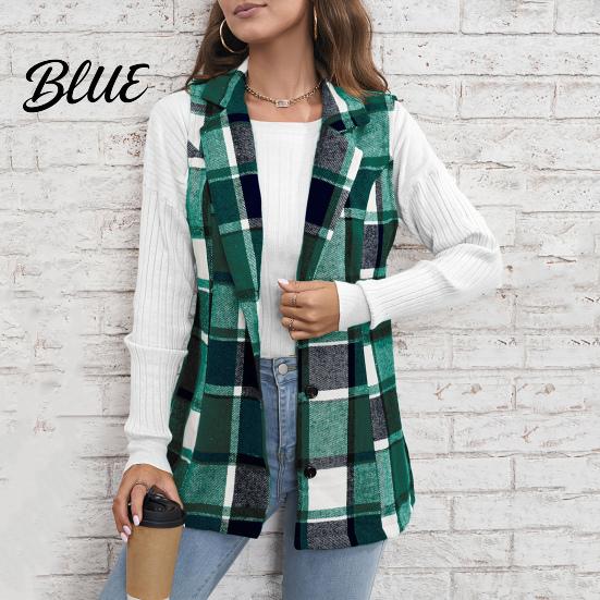 Single-breasted Coat Fall Spring Women Vest Plaid Printing Turn-down Collar Sleeveless Button Dark Tone Down Warm Mid Length Retro Waistcoat