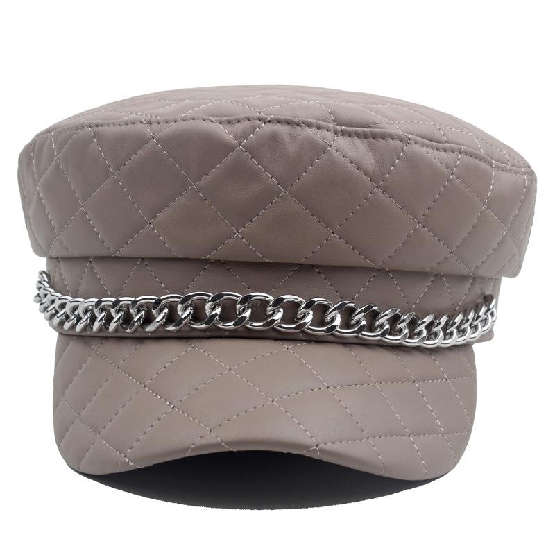 Leather Painted Hat Women's Chain Flat Top Army Hat Autumn Winter Warm Cap