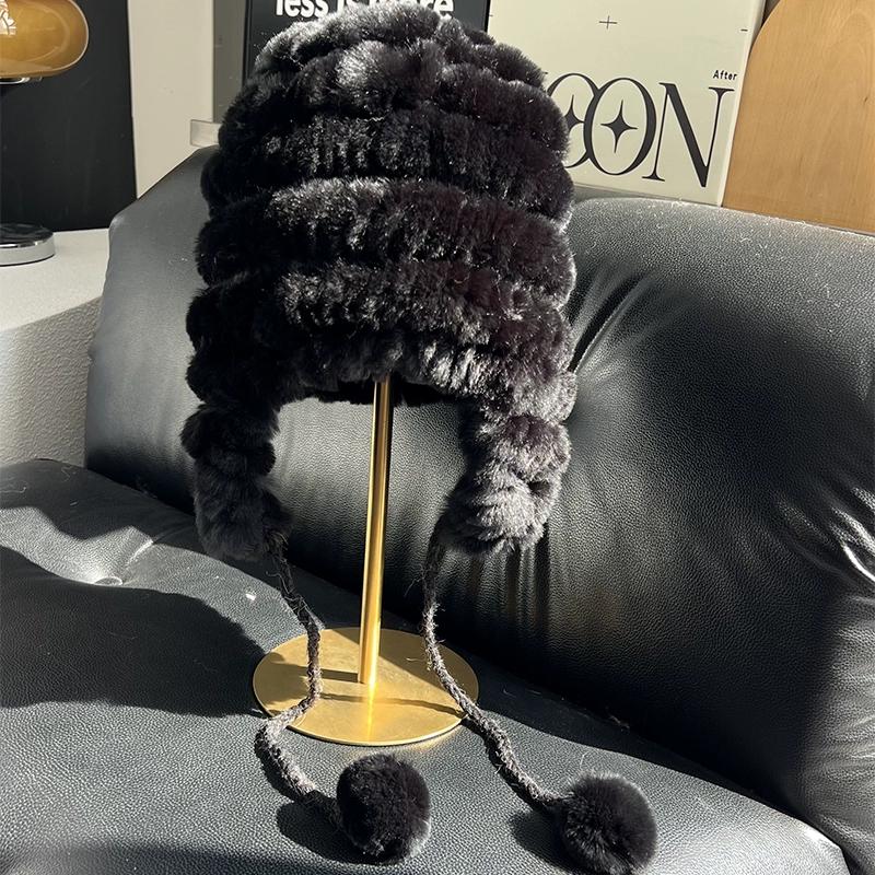 

New Rex Rabbit Hair Ear Protector Hat Women s Thickened Warm Lei Feng Hat Korean Version Rabbit Hair Hat Knitted Hat Fur Versatile Hat One size [elastic] чорний