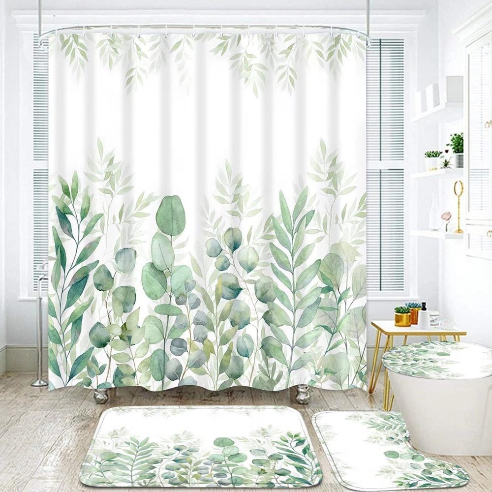 Green Leaves Shower Curtain Sets Spring Rural Plant Flower Bathroom Curtains Non-Slip Toilet Lid Cover Rug Baths Mats Home Decor