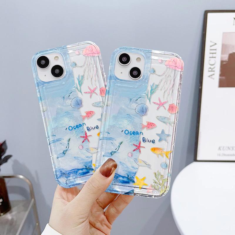 Ocean small fish jellyfish suitable for iPhone17ProMax drop mobile phone case 16Pro Apple 14 all-inclusive 13 popular