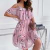 Women's Sling Dress Beach Summer Chiffon Floral Print Off Shoulder Mid Length Casual Dress Elegant Ladies Sweet Dress