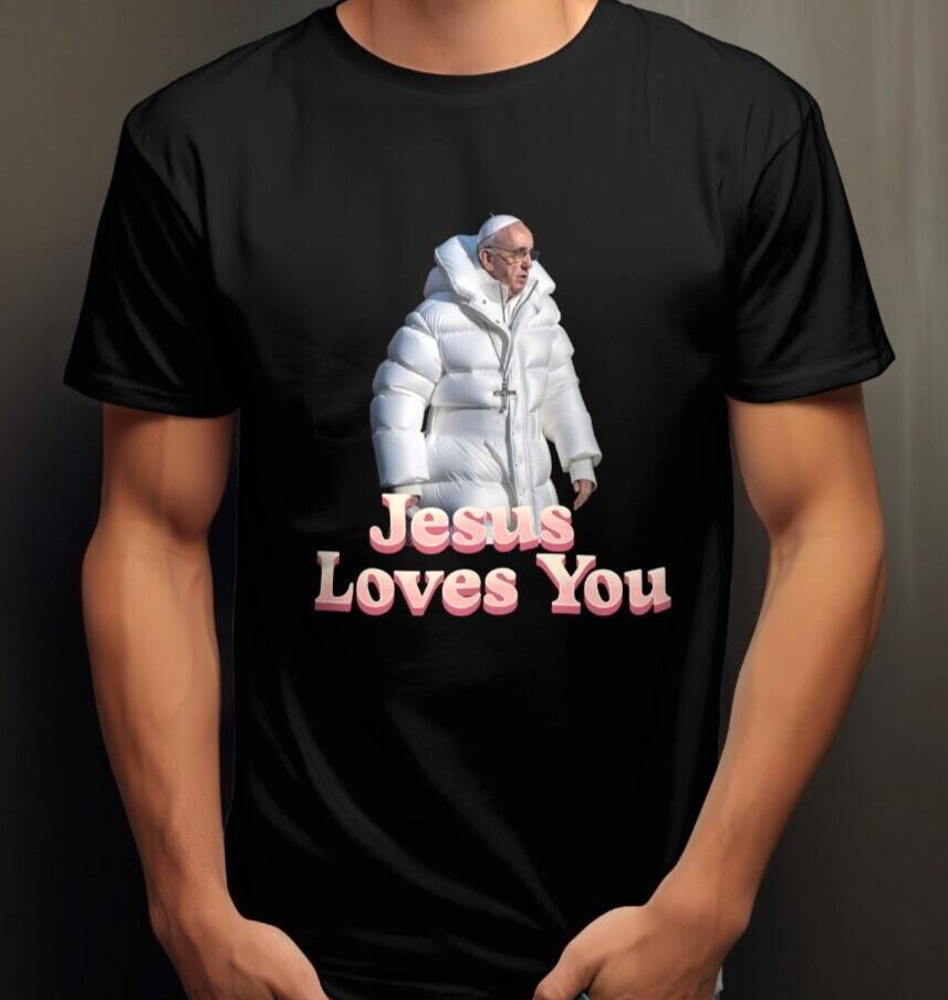 

Jesus Loves You AI Pope Funny Religious T Shirt Gangster Pope Catholic Top L