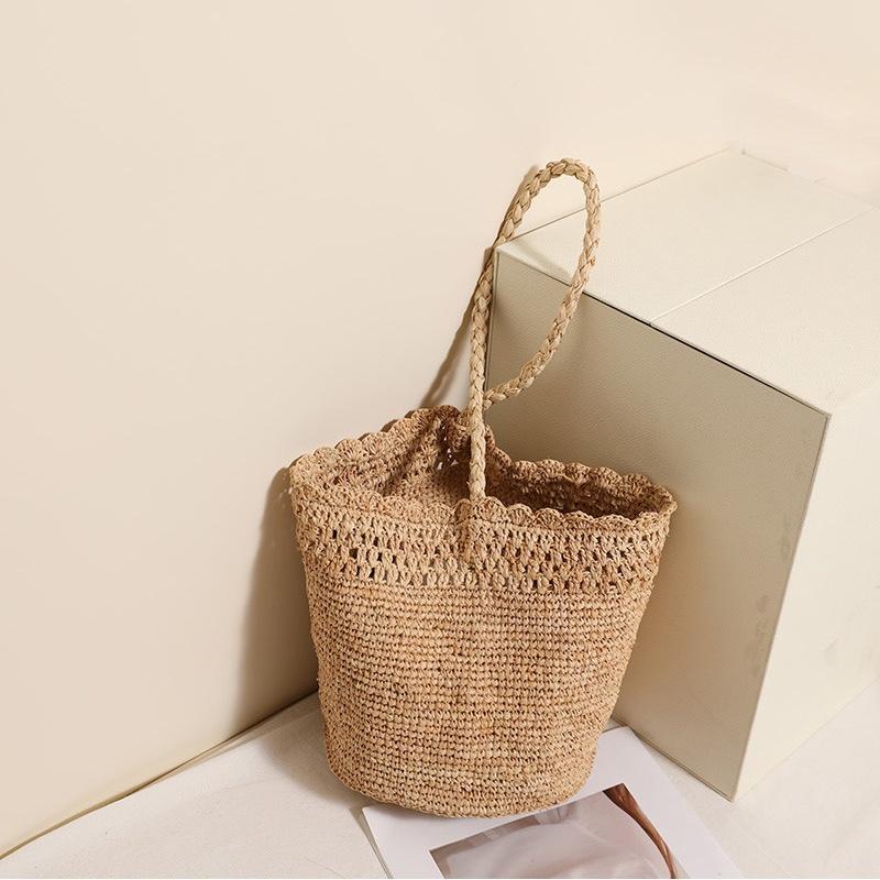 Borsa a Secchio in Paglia Naturale Intrecciata Fatta a Mano, Borsa a Spalla Estiva da Donna per Vacanze al Mare