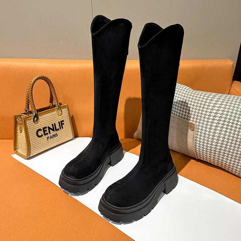 Winter Platform Punk Style Woman Knee High Boots Solid Suede Slip On Thick Heel Women Shoes Knight Long Boots for Autumn Winter