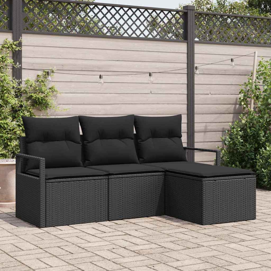 4 Piece Sofa Set with Cushions and Storage Black Poly Rattan