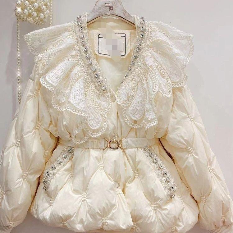 

Европейская станция кружева сращивание высококачественный пуховик женский новый дизайн чувство белый утиный пух куртка со стразами утолщенный зима XS size [40kg-50kg]