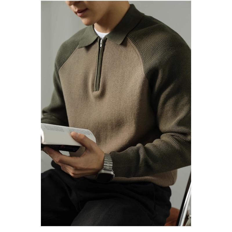 Men S Polo Collar Color Block Knit Sweater Half Zip Casual Spring Autumn