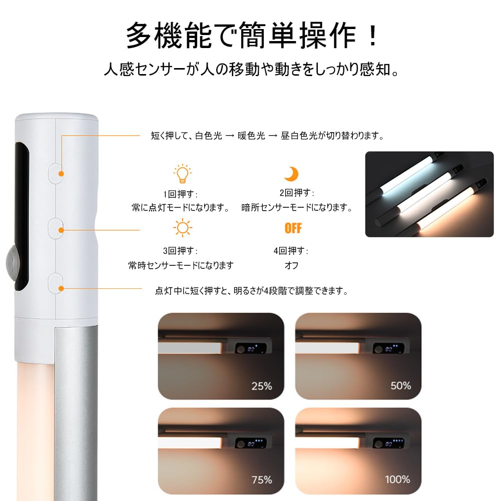 LED Desk Lamp with Sensor, USB Rechargeable [Adjustable Sensor Angle + 2 Sensor Modes + 3 Color Lights], Magnetic Mounting, 4-Level Dimming,