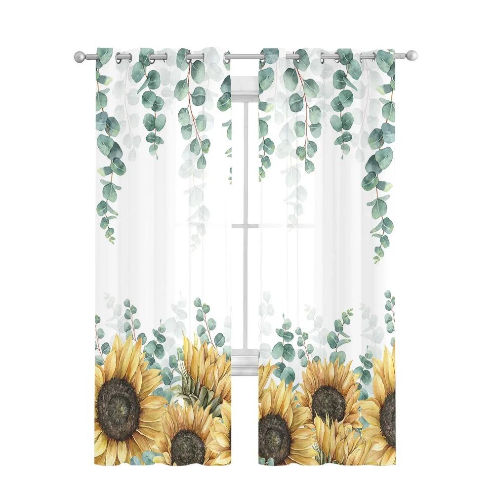 Eucalyptus Leaves Sunflower Flower Sheer Curtains Home Window Decorations Voile Tulle Curtains For Living Room Bedroom Kitchen