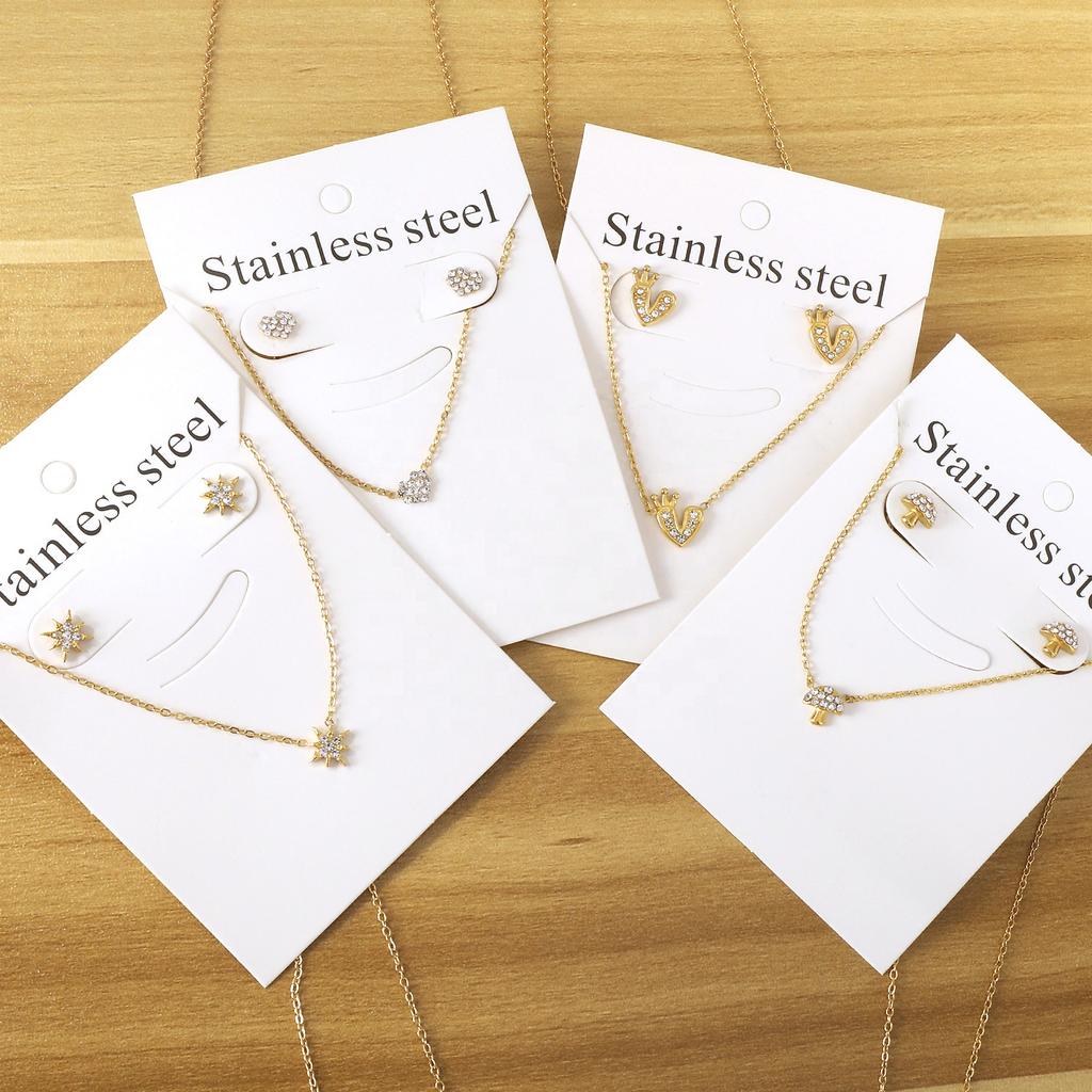 Fashion Bridal Gold Stainless Steel Pendant Necklace Earrings Jewelry Set for Women Plated18k Gold Necklace and Studs Earrings