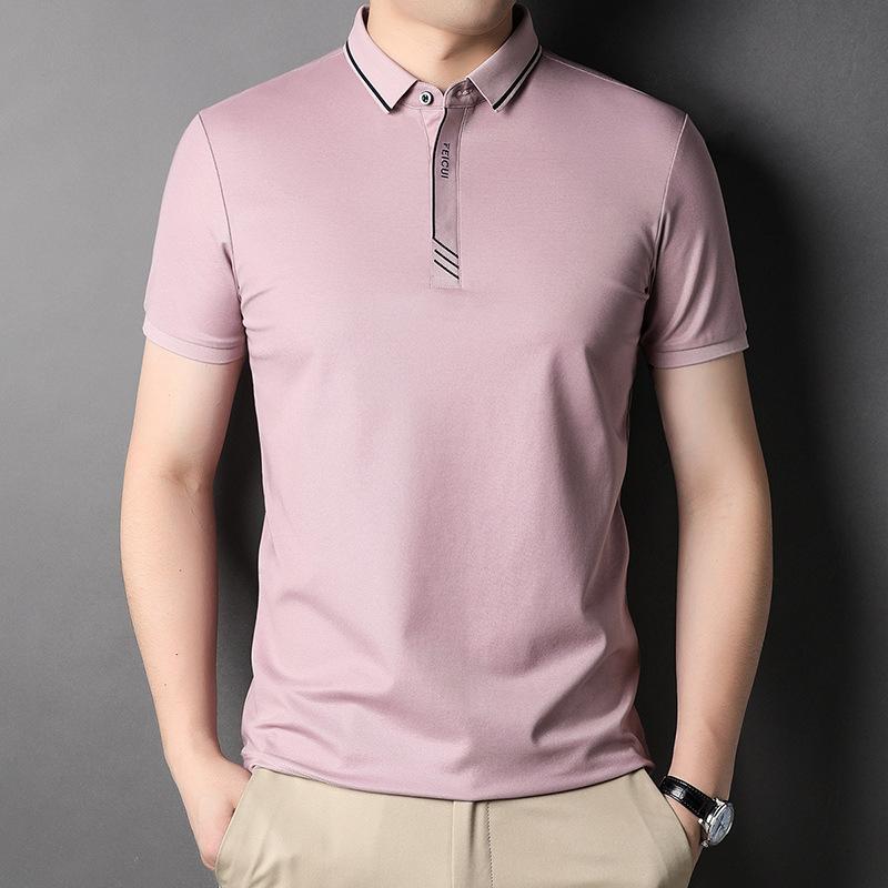 

Летняя новая мужская футболка с короткими рукавами, мужская молодежная футболка с лацканами из шелка Mulberry, модная повседневная футболка с короткими рукавами 3XL розовый