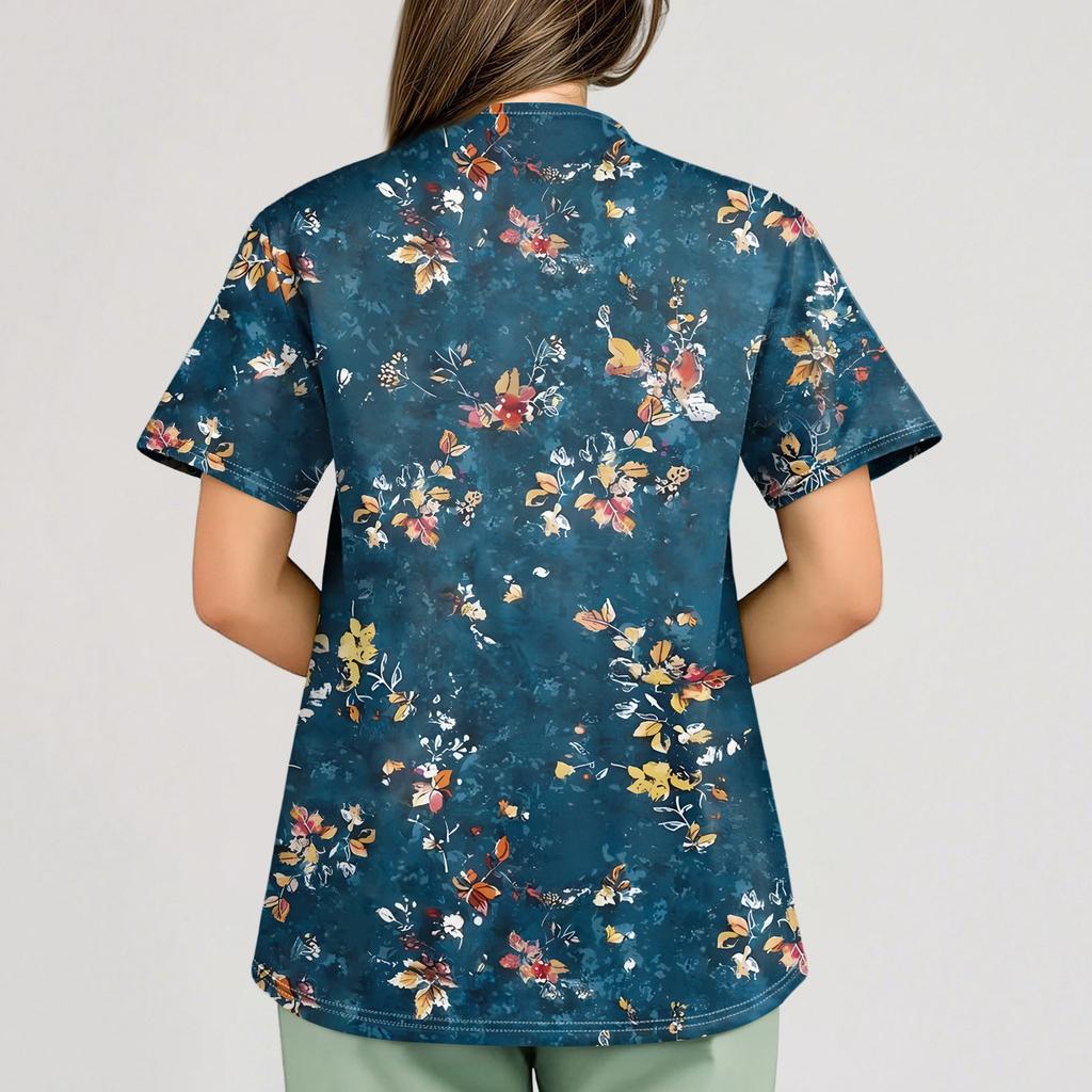 Plus SizePrinted Scrub Working Uniform Tops For Women's Cross V-Neck Print Short Sleeve Fun T-Shirts Workwear Tee With Pockets