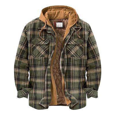 Men's Quilted Lined Button Down Plaid Shirt Add Velvet To Keep Warm Jacket With Hood