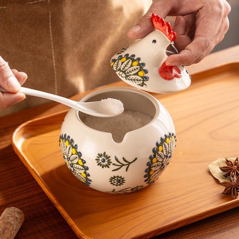 Ceramic Seasoning Container Chick Designs Sealable Lid Included Measuring Utensils For Cooking Essential