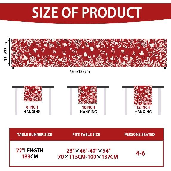 Valentine’s Day Red Heart Love Plant Table Runner 13x72 Inch , Holiday Kitchen Dining Tabletop Runners for Home Indoor Farmhouse Decoration