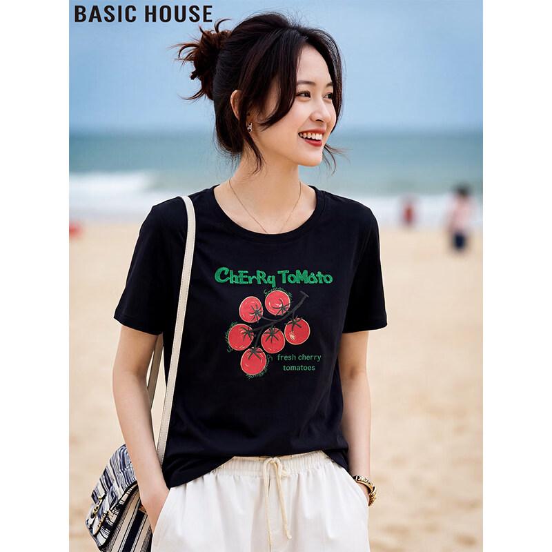 Basic House Women s Printed Cotton Short Sleeve T-Shirt One Size напечатанный черный