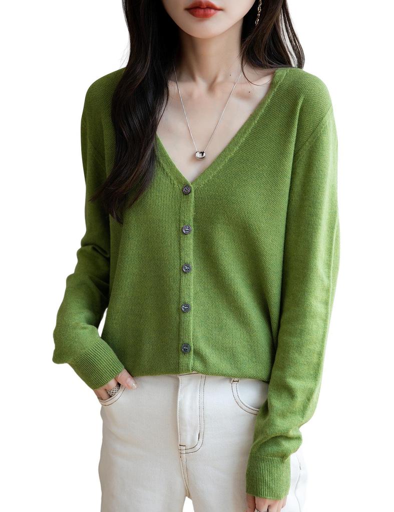 Women's Loose Fit Wool V-Neck Long Sleeve Cardigan Sweater