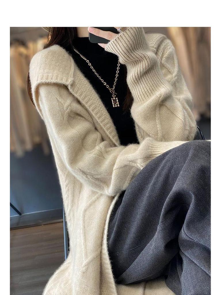 Women's Thick Cable Knit Hooded Coat - Mid-Length, Over-the-Knee, Autumn/Winter Outerwear