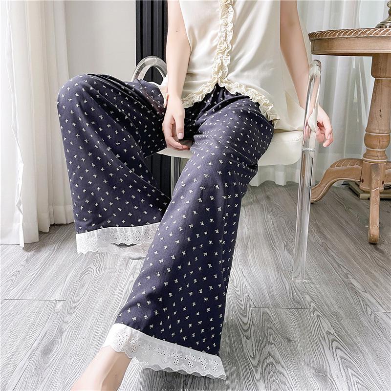 Lace Pants, Butterfly Knot Cotton Silk Printed Wide Leg Pants, Women's Spring And Summer Elastic Waist High Waist Pants, Cartoon Cute Cool Pants