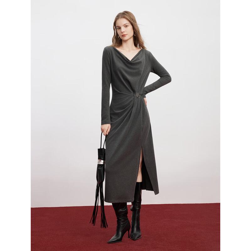 ELLE Elegante Abito Midi a Maniche Lunghe con Scollo Drappeggiato