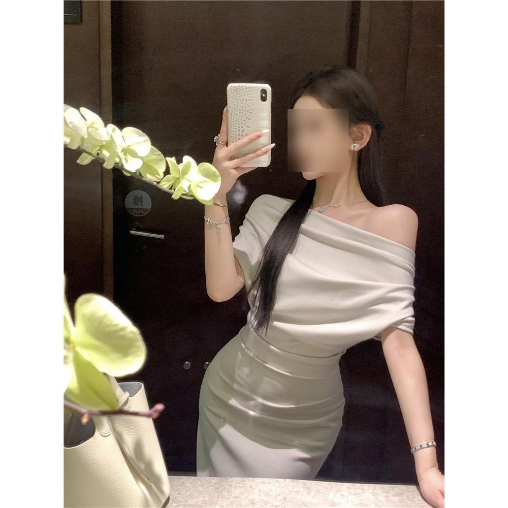 Swinging collar slanted shoulder open shoulder temperament medium and long irregular waist temperament hip-wrapped pleated dress women's clothing