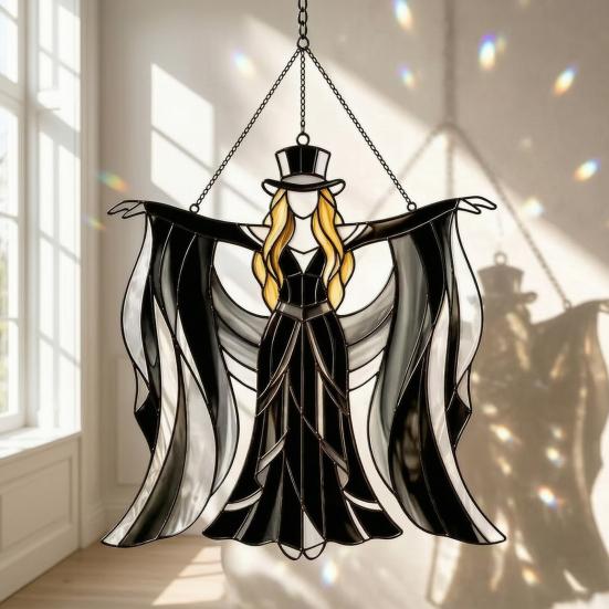 Boho Dancing Lady Suncatcher, Stained Glass Acrylic Hanging Ornament, Mystical Gothic Woman Window Spinner for Indoor Outdoor Decor, Gift